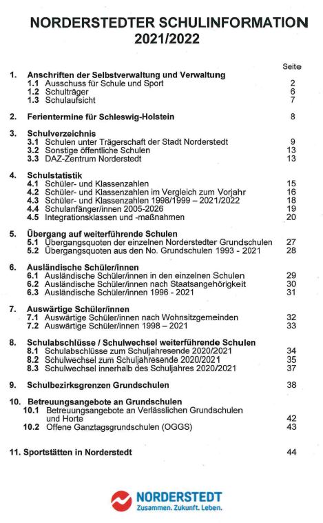 Bild Inhaltsverzeichnis Norderstedter Schulinformation 2020/2021