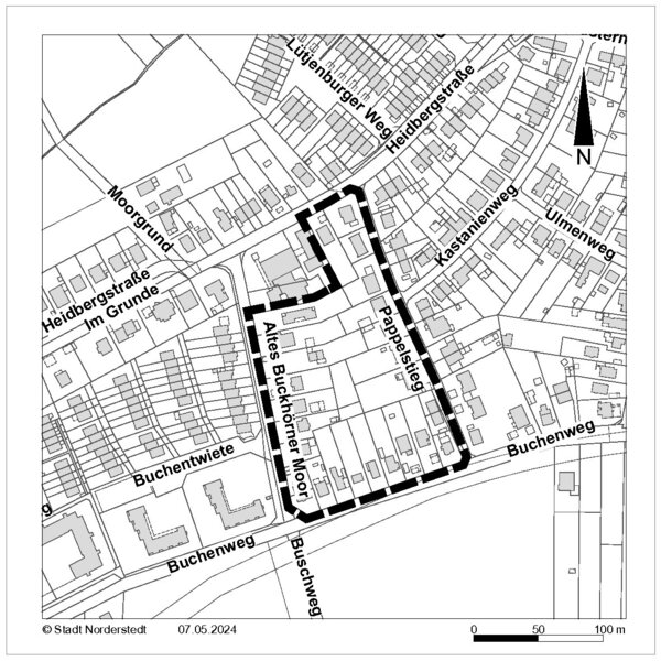 Verl&auml;ngerung der Geltungsdauer der Satzung der Stadt Norderstedt &uuml;ber die Ver&auml;nderungssperre f&uuml;r das Gebiet des in Aufstellung befindlichen Bebauungsplanes Nr. 352 der Stadt Norderstedt &raquo;Zwischen Altem Buckh&ouml;rner Moor und Pappelstieg", Gebiet: S&uuml;dlich Hei